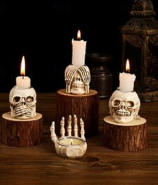 economico -Portacandele a forma di scheletro per Halloween, decorazione a forma di teschio con scritta "non vedo, non sento, non parlo", inquietante candelabro a forma di osso in resina per casa stregata, escape