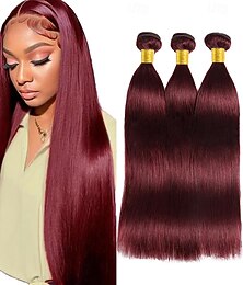 abordables -99j# couleur bordeaux cheveux 3 paquets de cheveux humains extensions de cheveux humains raides 12-24 pouces