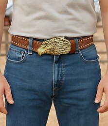 economico -Cintura western da uomo con fibbia a testa d'aquila – cintura in similpelle goffrata vintage con dettagli borchiati per cowboy, eventi all'aperto e stile country