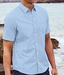 economico -Per uomo Camicia Camicia di lino Camicia Estiva Abbigliamento da spiaggia Camicia con Bottoni Tinta unica Vacanza Casuale Bianco Blu Cachi Grigio Manica Corta Collo ripiegato Primavera & Estate
