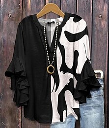 economico -Per donna Blusa Floreale Grafico Geometrico Bohemien Vintage Quotidiano Manica 3/4 Manica a Volant Scollo a V Top Regolari Quotidiano Ferie Abbigliamento da vacanza Volant Stampato Nero Rosa Blu