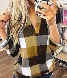 abordables -Mujer Camisa Blusa Plaid Moderno Casual Manga Larga Escote en Pico Tops regulares Festivos Noche Amarillo Rojo Morado Naranja Verde Trébol Otoño