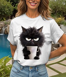 abordables -Mujer Camiseta Graphic Animal Gato Vintage Elegante Clásico Manga Corta Cuello Barco Escote Redondo Tops regulares Diario Fin de semana Estampado Negro Blanco Rosa Rojo Azul Piscina Verano Primavera