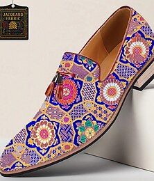 abordables -Mocassins pour hommes en tissu jacquard à motif floral marocain, semelle en similicuir, chaussures habillées artistiques à enfiler pour garçons d'honneur, artistes et événements culturels
