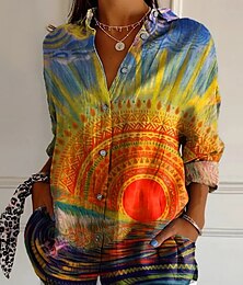 economico -Per donna Camicia Grafico Sole Retrò Vintage Etnico Manica Lunga Colletto a Camicia Top Regolari Quotidiano Ferie Bottoni Stampato Giallo Estate