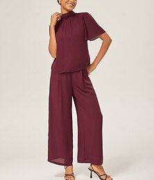 abordables -Femmes Féminin Chemise Décontractée Uni Occasionnel Manche Volants Vin Manches courtes Élégant Vacances Col haut Été Inter-saisons