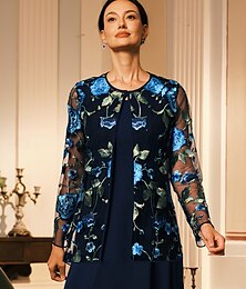 economico -Per donna Blazer Traspirante Pizzo Ricamato Elegante Floreale Formale Regolare Girocollo Vestibilità comoda Manica Lunga Capispalla Blu marino Estate Primavera