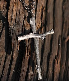 economico -Collana con ciondolo a croce rustica da uomo – design in lega gotica con texture in legno per feste di Halloween e stile punk vintage