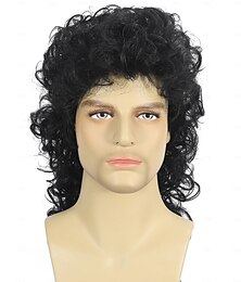 abordables -Perruques mullet bouclées pour hommes années 80 perruques longues noires hippie rocking fête cosplay anime résistantes à la chaleur perruque synthétique années 70 Halloween
