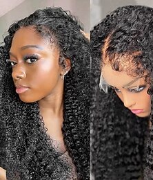 abordables -Perruque en dentelle frontale 13x4, cheveux humains ondulés 4c, densité 150 % avec cheveux de bébé 4c