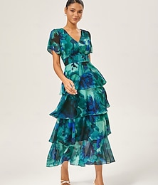 abordables -Robe longue en mousseline de soie pour femme, col en V, fluide, imprimé floral multicolore, vert foncé, vintage, élégante, ligne A, volants étagés, jupe gâteau, taille ajustée, dos élastique