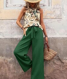 abordables -Femmes Mode Streetwear Quotidien Ensembles de Pantalons Sans manches Col Halter Fleuri Imprimé Occasionnel Quotidien bleu marine Bleu Roi Bleu Été Coupe régulière