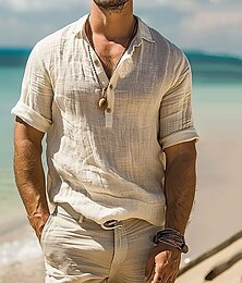olcso -Férfi Ing Popover ing Alkalmi ing Pamut póló Sima Vakáció Hawaii Khakizöld Hosszú ujj Hajtóka Nyár Tavasz Ruházat