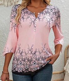 economico -Per donna Blusa Floreale Grafico Elegante Manica 3/4 Girocollo Top Regolari Quotidiano Uscire Volant Bottoni Rosa Primavera Autunno
