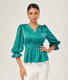 economico -Per donna Femminile Camicia casual Tinta unica Casuale Verde Bottoni Manica Lunga Elegante Scollo a V Estate Autunno Interstagionale
