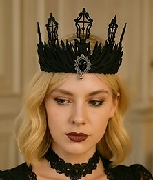 economico -Fascia per capelli da donna in pizzo nero gotico con ciondolo gioiello, tiara da regina per feste di Halloween, accessorio per costumi in stile vintage per adulti