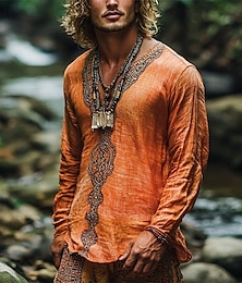 economico -Per uomo Camicia di lino Camicia Estiva Camicia vintage Camicia etnica Camicia a Maniche Lunghe Boho Vacanza Streetwear Arancione Manica Lunga Scollo a V Estate Primavera Abbigliamento Etnico
