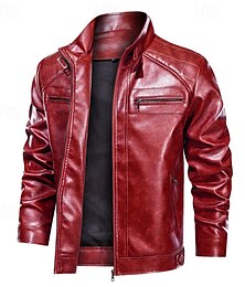economico -Per uomo Giacca in Ecopelle Giacca da Biker Giacca in pelle rossa Giacca da Moto Vacanza Quotidiano Antivento Caldo Tasca Autunno Inverno Semplice Moda Classico Collo alla coreana Regolare Nero Rosso