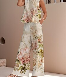 economico -Completo due pezzi elegante da donna, stile streetwear, con camicetta, gilet, pantaloni, senza maniche, girocollo, casual, da lavoro, per attività all'aperto, con stampa floreale, per le vacanze, quotidiano, estivo, vestibilità regolare, blu, viola, verde