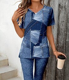 abordables -Femmes Mode Élégant T-shirt Ensembles de Shorts Manche Courte Col en V Graphique Géométrique 3D Patchwork Imprimé Décontracté Quotidien Noir Bleu Encre Bleu clair Été Coupe régulière