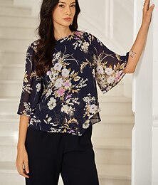economico -Per donna Top in chiffon Floreale Grafico Elegante Quotidiano Casual Mezza Manica Manica a Campana Girocollo Top Regolari Ospite di nozze Lavoro Quotidiano Stratificato Blu marino Estate Primavera