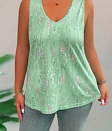 economico -Canotte taglie forti da donna, grafiche astratte, senza maniche, scollo a V, casual, da giorno, in maglia, estive, giallo e rosa.
