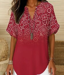 abordables -Mujer camisa boho Floral Graphic Bohemia Activo Vintage Manga Corta Escote en Pico Tops regulares Diario Festivos Ropa de playa Rojo Azul Piscina Morado Beige Verano Primavera