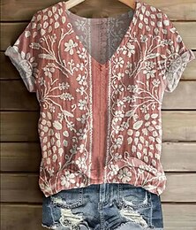 economico -Per donna Maglietta Floreale Grafico Piante Vintage Moda Hawaiano Manica Corta Scollo a V Top Regolari Quotidiano Uscire Weekend Stampato Bianco Giallo Rosa Blu Azzurro cielo Estate Primavera