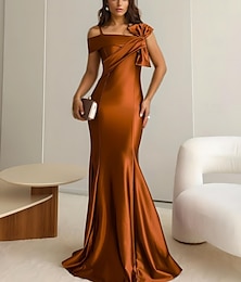 billige -Havfrue  Trompet Kveldsdrakt Elegant Kjole Formell Bryllup Gjest Gulvlengde Uten Ermer En Skulder Stretch Satin med Sløyfe(r)