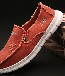 economico -Mocassini slip-on da uomo in tela rossa anticata con bordo sfrangiato e suola ammortizzata, ideali per le uscite estive del fine settimana e le giornate casual.