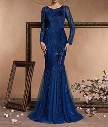 economico -Abiti Quinceanera a sirena  tromba abito elegante formale da matrimonio lunghezza fino al pavimento maniche lunghe colletto tondo poliestere con paillettes