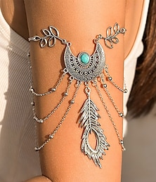 abordables -Brazalete bohemio de turquesa para mujer: joya de cadena de hojas tribales con medallón de luna para festivales, fiestas de verano y ropa de playa.