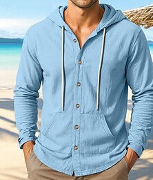 economico -Per uomo Camicia Camicia di lino Camicia Estiva Abbigliamento da spiaggia Camicia con cappuccio Camicie sbottonate Tinta unica Vacanza Streetwear Nero Bianco Blu marino Verde Manica Lunga Felpa con