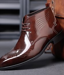 levne -Pánské lesklé vínové kotníkové kozačky s brogue vzorem z umělé kůže – formální šněrovací boty na svatby i do práce