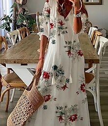 abordables -Femmes Robe Midi Robe Imprimée Mode Quotidien Coupe régulière Fleur Manche 3/4 Col en V Blanche Été