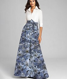 abordables -Robe Mère de la Mariée A-Line en brocart jacquard bleu Élégante Vintage Col chemise Longueur de sol Tissu extensible Manches longues avec nœud(s) Bloc de couleur