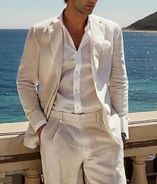 economico -Abiti da uomo in lino, bianchi, semi-foderati, leggeri, casual, estivi, tinta unita, vestibilità standard, 2 pezzi, monopetto, un bottone