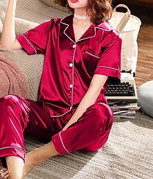 billiga -pyjamasset dam pyjamas satin nagg krage kortärmad elastisk midja hem loungewear vinröd siden-liknande nattkläder alla säsonger komfort passform