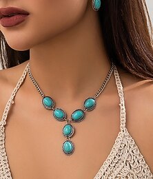 abordables -Parure de bijoux turquoise pour femme – collier pendentif ovale plaqué argent vintage et boucles d'oreilles pendantes pour un style bohème, les festivals d'été et les fêtes sur la plage