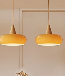 economico -Lampadario giapponese in vetro color crema, retrò, minimalista, in legno di gomma, arte, lampada a sospensione, decorazione per camera da letto e ristorante, lampadario sospeso, apparecchi di
