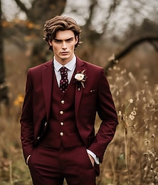 preiswerte -Herren Hochzeit Party-Abendmode Anzüge Burgunderrot Mode Formell Einfarbig Standard Passform 3-teilig Einreihige Zwei-Knopf-Jacke