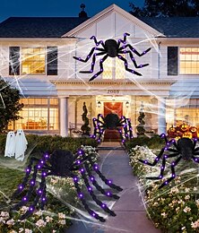 abordables -Décoration d'araignée d'Halloween avec lumières LED violettes, décorations d'araignée d'Halloween en plein air, accessoires d'araignée réalistes et effrayants pour la cour, la maison, la décoration