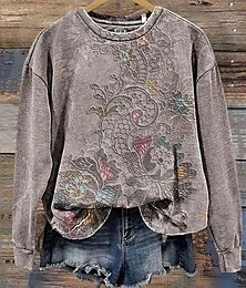 abordables -Mujer Sudadera Floral Cálido Vintage occidental Manga Larga Cuello Barco Tops regulares Hogar Calle Uso Diario Estampado Blanco Gris Oscuro Azul Piscina Verde Trébol Gris Verano Primavera Otoño