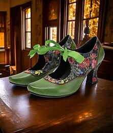 abordables -Zapatos Mary Jane de piel verde para mujer con estampado floral, lazos y estilo retro: perfectos para eventos de temática vintage y elegancia diaria.