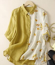 economico -Per donna Camicie di cotone e lino Floreale Vintage Essenziale Casual Manica 3/4 Colletto a Camicia Top Regolari Quotidiano Tasca Bottoni Stampato Nero Giallo Estate Primavera