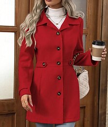 abordables -Mujer Abrigo de invierno Abrigo Mantiene abrigado Cómodo Botones Moda Plano Exterior Vacaciones Fin de semana Botonadura Simple Largo Cuello Vuelto Ajuste regular Manga Larga Ropa de calle Rojo Otoño
