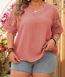 preiswerte -Damen Übergröße Oberteile Bluse Einfarbig Spitze Patchwork Halbarm V Ausschnitt Mode Streetwear Täglich Wochenende Polyester Sommer Herbst Rosa