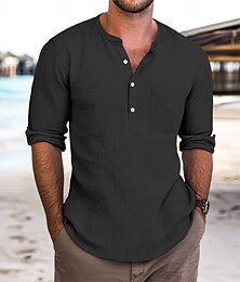 economico -Per uomo Camicia Camicia di lino Camicia Estiva Camicia da Spiaggia Tinta unica Vacanza Casuale Nero Rosa Verde Azzurro Manica Lunga Henley Abbigliamento