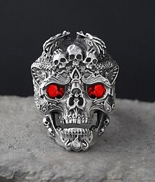 abordables -Anillo de calavera gótica para hombre con cristales rojos, material de aleación, diseño vintage para fiestas de Halloween, estilo punk y ocasiones retro.