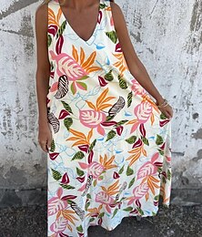 preiswerte -Damen Maxikleid A Linie Kleid Unterkleid Urlaub Lässig Boho Outdoor Ausgehen Normale Passform Blumen Ärmellos V Ausschnitt Blau Aprikose Beige Sommer
